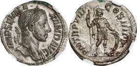 SEVERUS ALEXANDER, A.D. 222-235. AR Denarius (2.99 gms), Rome Mint, A.D. 228. NGC MS, Strike: 5/5 Surface: 4/5.
RIC-83; RSC-337. Obverse: Laureate he...