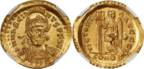 MARCIAN, A.D. 450-457. AV Solidus (4.49 gms), Constantinople Mint, 7th Officina. NGC MS, Strike: 3/5 Surface: 5/5. Adjusted Flan.
RIC-510; Depeyrot-8...