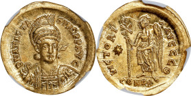 ANASTASIUS I, 491-518. AV Solidus (4.47 gms), Constantinople Mint, 5th Officina, 498. NGC MS, Strike: 5/5 Surface: 4/5.
S-4. Obverse: Helmeted and cu...