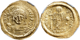 JUSTINIAN I, 527-565. AV Solidus (4.50 gms), Constantinople Mint, 5th Officina, ca. 542-565. NGC MS, Strike: 3/5 Surface: 3/5. Hairlines.
S-140. Obve...