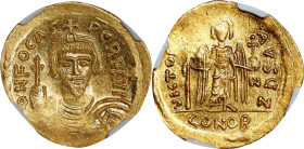 PHOCAS, 602-610. AV Solidus (4.47 gms), Constantinople Mint, 2nd Officina, ca. 607-609. NGC MS, Strike: 4/5 Surface: 5/5.
S-621. Obverse: Crowned and...