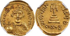 CONSTANS II, 641-668. AV Solidus (4.41 gms), Constantinople Mint, 9th Officina, 641-646. NGC MS, Strike: 4/5 Surface: 4/5.
S-938. Obverse: Crowned bu...