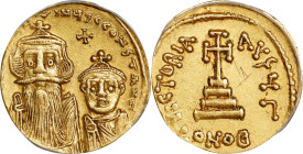CONSTANS II with CONSTANTINE IV, 641-668. AV Solidus (4.42 gms), Constantinople Mint, 3rd Officina, ca. 654-659. ANACS AU-50.
S-959. Obverse: Crowned...