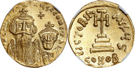 CONSTANS II with CONSTANTINE IV, 641-668. AV Solidus, Constantinople Mint, 6th Officina, ca. 654-659. NGC Encapsulated.
S-959. Obverse: Crowned and d...