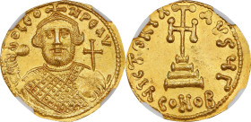 LEONTIUS, 695-698. AV Solidus (4.47 gms), Constantinople Mint, 3rd Officina. NGC MS, Strike: 4/5 Surface: 2/5. Slight Die Shift, Brushed, Edge Bend.
...
