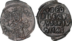 THEOPHILUS, 829-842. AE Follis, Constantinople Mint, ca. 831-842. NGC EF.
S-1668. Obverse: Half-length facing figure of Theophilus, wearing loros and...