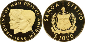 AMERICAN SAMOA. 1000 Tala, 1986. PCGS PROOF-68 Deep Cameo.
Fr-18; KM-65. Mintage: 50. AGW: 1.00 oz. Commemorating the marriage of Andrew and Sarah Fe...