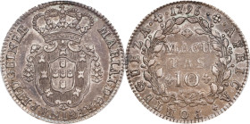 ANGOLA. 10 Macutas, 1796. Maria I. PCGS AU-50.
KM-36; Gomes-08.01. A one-year type coin, this pleasing specimen exhibits very little in the way of ha...