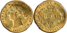 AUSTRALIA. Sovereign, 1858-SY. Sydney Mint. Victoria. NGC MS-61.
Fr-10; KM-4. A lovely early Sovereign with full luster and a great deal of charm.
...