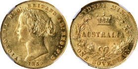 AUSTRALIA. Sovereign, 1859-SY. Sydney Mint. Victoria. NGC MS-60.
Fr-10; KM-4. One of the KEY DATE of the series, the present example is surpassed by ...