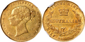 AUSTRALIA. 1/2 Sovereign, 1856-SY. Sydney Mint. Victoria. NGC AU-58.
Fr-9A; KM-1. Berry above "L" of "HALF" (type I). Seldom encountered at this leve...
