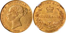 AUSTRALIA. 1/2 Sovereign, 1856-SY. Sydney Mint. Victoria. NGC AU-58.
Fr-9A; KM-1. Berry above "L" of "HALF" (type I). An attractive example of the RA...