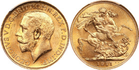 AUSTRALIA. Sovereign, 1911-S. Sydney Mint. George V. PCGS MS-64.
S-4003; Fr-38; KM-29. AGW: 0.2354 oz. An exceedingly brilliant near-Gem with vibrant...