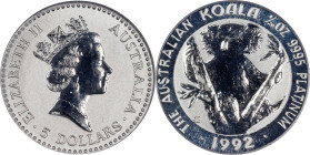 AUSTRALIA. 5 Dollars, 1992. Perth Mint. Elizabeth II. PCGS MS-64.
KM-191. A charming near-Gem Platinum issue, with nice contrast and an attractive ap...