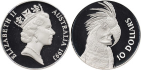 AUSTRALIA. Silver 10 Dollars Piefort, 1993. NGC PROOF-69 Ultra Cameo.
KM-P5. Presenting with a bold side profile of the subject cockatoo and a near p...