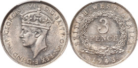 BRITISH WEST AFRICA. 3 Pence, 1943-KN. Birmingham (Kings Norton) Mint. George VI. PCGS AU-58.
KM-21. A nearly Mint State example, with good retained ...