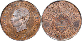 CAMBODIA. Bronze 10 Centimes Essai (Pattern), 1860-E. Norodom I. PCGS SPECIMEN-66 Brown.
KMX-E4; Lec-20. A premium Gem Pattern, this appealing exampl...