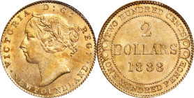 CANADA. Newfoundland. 2 Dollars, 1888. London Mint. Victoria. PCGS MS-63.
Fr-1; KM-5. Mintage: 25,000. Variety with dot before and after "NEWFOUNDLAN...