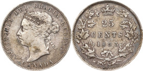 CANADA. 25 Cents, 1893. London Mint. Victoria. PCGS EF-45.
KM-5. A tougher date in the series, this minor presents even handling, with some olive hue...