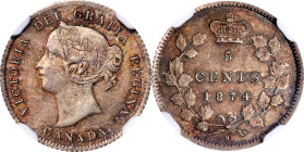 CANADA. 5 Cents, 1874/4-H. Birmingham (Heaton) Mint. Victoria. NGC MS-65.
KM-2. Small date, plain 4. A Gem representative of the type, suffuse with o...