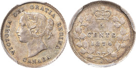CANADA. 5 Cents, 1874-H. Birmingham (Heaton) Mint. Victoria. PCGS AU-55.
KM-2. Variety with large date and crosslet 4. Approaching Mint State, this a...