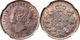 CANADA. 5 Cents, 1884. Victoria. NGC AU-58.
KM-2. A charming near-Mint minor, with minimal signs of handling and attractive amber toning.

Estimate...