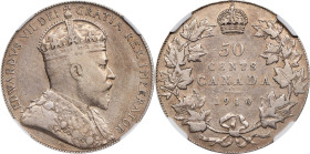 CANADA. 50 Cents, 1910. Ottawa Mint. Edward VII. NGC VF Details--Surface Hairlines.
KM-12. "Victorian leaves" variety. Though exhibiting some extensi...