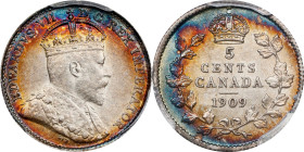 CANADA. 5 Cents, 1909. Ottawa Mint. Edward VII. PCGS AU-55.
KM-13. Round leaves variety. A pleasant nearly uncirculated example, this charming specim...