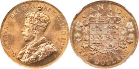 CANADA. 10 Dollars, 1914. Ottawa Mint. George V. NGC MS-64.
Fr-3; KM-27. AGW: 0.4838 oz. A bright and bold near-Gem that erupts with radiant cartwhee...