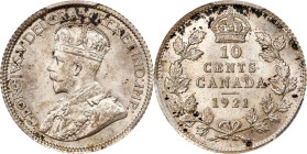 CANADA. 10 Cents, 1921. Ottawa Mint. George V. PCGS MS-65.
KM-23A. A phenomenal Gem, this elegant minor presents a mostly argent nature, with great b...