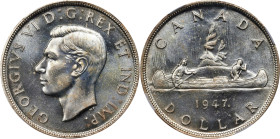 CANADA. Dollar, 1947. Ottawa Mint. George VI. NGC MS-64.
KM-37. Variety with maple leaf and with doubled "HP". An enthralling near-Gem, this specimen...