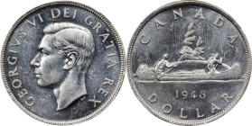 CANADA. Dollar, 1948. Ottawa Mint. George VI. NGC MS-61.
KM-46. The KEY DATE for the series, this Mint State crown dazzles with intense lustrous bril...