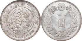 JAPAN. Yen, Year 28 (1895). Osaka Mint. Mutsuhito (Meiji). PCGS MS-63.
KM-Y-A25.3; JNDA-01-10A; JC-09-10-2. A Choice Yen that gleams with cartwheel l...