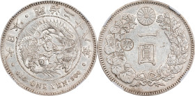 JAPAN. Yen, Year 28 (1895). Osaka Mint. Mutsuhito (Meiji). NGC AU-53.
KM-Y-28A.2; JNDA-01-10C; JC-09-10-4. "Gin" countermark in left reverse field. S...