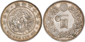 JAPAN. Yen, Year 29 (1896). Osaka Mint. Mutsuhito (Meiji). NGC AU-55.
KM-Y-28A.2; JNDA-01-10C; JC-09-10-4. "Gin" countermark in left reverse field. R...