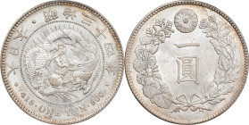 JAPAN. Yen, Year 34 (1901). Osaka Mint. Mutsuhito (Meiji). PCGS MS-63+.
KM-Y-A25.3; JNDA-01-10A; JC-09-10-2. This tantalizing Yen exhibits an impress...