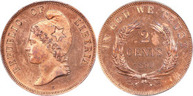 LIBERIA. Copper 2 Cents Pattern, "1890-E." PCGS MS-64 Red.
KMX-Pn8. An appealing "Pattern" issue that displays a brilliant Mint Red, with full detail...