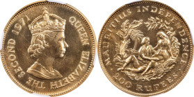 MAURITIUS. 200 Rupees, 1971. Llantrisant Mint. Elizabeth II. NGC MS-65.
Fr-1; KM-39. AGW: 0.4587 oz. Mintage: 2,500. The first gold coin struck by Ma...