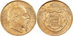 MONACO. 100 Francs, 1884-A. Paris Mint. Charles III. NGC AU-55.
Fr-11; KM-99. AGW: 0.9334 oz. A sunny pale golden example with only the barest touche...