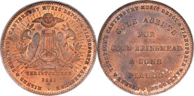 NEW ZEALAND. Canterbury. Christchurch. Milner and Thompson Copper Penny Token, 1881. PCGS MS-64 Red Brown.
KM-Tn52. A beautiful and appealing near-Ge...