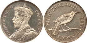 NEW ZEALAND. 6 Pence, 1933. George V. ANACS PROOF-65.
KM-2. Mintage: 20 Pieces. A VERY RARE proof striking for this silver minor. Extremely flashy fi...