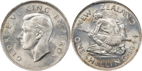 NEW ZEALAND. Shilling, 1944. London Mint. George VI. PCGS MS-65.
KM-9. This bright gem is highly engaging with rich luster, and strong eye appeal thr...