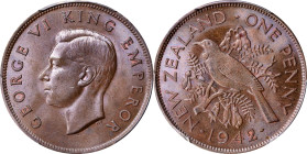 NEW ZEALAND. Penny, 1942. London Mint. George VI. PCGS MS-64 Brown.
KM-13. A delightful near-Gem, this specimen radiates with exceptional lustrous br...