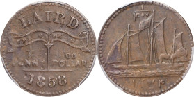 NIGERIA. MacGregor Laird Trading Post. Copper 1/8 Penny Token, AH 1274/1858. PCGS AU-50.
KM-Tn2. Obverse: Ribbon with denomination below; Reverse: Sa...