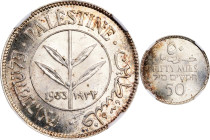 PALESTINE. British Mandate. 50 Mils, 1933. London Mint. NGC MS-63.
KM-6. A Choice minor, this example is awash in argent brilliance and displays just...