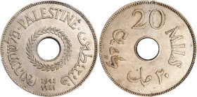 PALESTINE. British Mandate. 20 Mils, 1941. London Mint. PCGS AU-55.
KM-5. A KEY DATE in the series, this near-Mint example remains entirely wholesome...