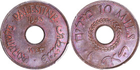 PALESTINE. British Mandate. 10 Mils, 1943. London Mint. PCGS MS-63 Brown.
KM-4A. Presenting deep brown color and a rich, glossy nature to the surface...
