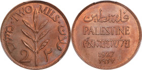 PALESTINE. 2 Mils, 1927. London Mint. PCGS MS-62 Red Brown.
KM-2. This pleasing Mint State example displays a soft allure, with rich luster and limit...