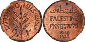 PALESTINE. British Mandate. 2 Mils, 1945. London Mint. NGC MS-63 Red Brown.
KM-2. Presenting pale red-brown surfaces and great brilliance, this examp...