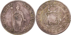 PHILIPPINES. Philippines - Peru. 8 Reales, ND (1833-34). Manila Mint. Ferdinand VII. PCGS VF-25; C/M: VF Details.
KM-83; Basso-41; PNM#6-70; PNM#16-1...
